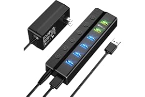 ONFINIO USB Hub 3.0 Powered, 6 Ports USB Hub Splitter (4 High Speed Data Transfer Ports + 2 Smart Charging Ports) with Individual On/Off Switches and 48W Power Adapter for Mac Pro/Mini, PC, HDD, Disk