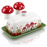 Cottagecore Mushroom Ceramic Butter Dish with Lid &amp; Salt Pepper Shakers Set | Hand-Painted Cute Seasoning Containers 3-Piece Dinnerware Accessories for Vintage Farmhouse Kitchen Decor, Dishwasher Safe