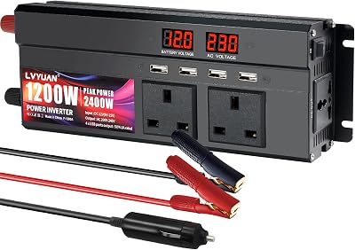 LVYUAN Power Inverter 1200/2400W DC 12V to 240V AC with 3 UK Sockets 4 USB Dual