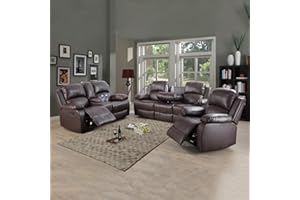 Caberryne Leather Recliner Sofa Set，Leather Reclining Sofa Set for Living Room Furniture Sets，Coffee Recliner Couch Set for Living Room/Office/Theater Seating(Sofa Set 3 Pieces)