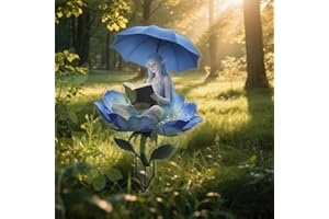 Acrylic Blue Fairy Garden Stake - Enchanting Blue-Haired Elf Reading in Floral Garden | Weatherproof Outdoor Decor for Patio,
