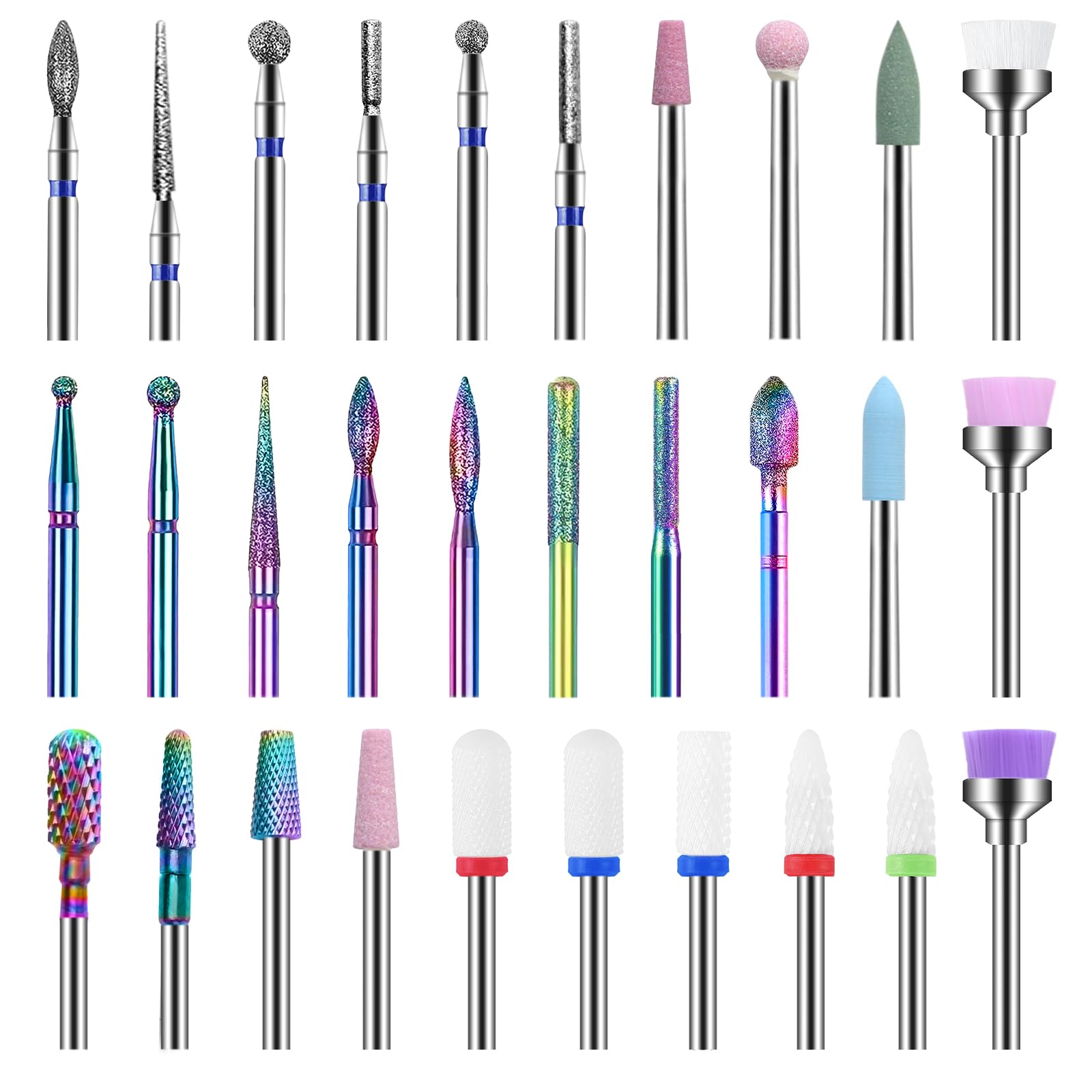HEYMKGO Nail Drill Bits Sets - 30 pcs Electric Nail Drill Bits Kit 3/32" Ceramics/Tungsten Carbide Diamond Metal Nail Bits for Home Salon Acrylic Gel Nail Manicure Efile Pedicure Tools