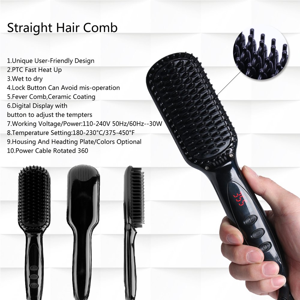 Feeke Hair Straightener Brush, Ionic Beard Straightener, Anti-scald, Auto Temperature Lock, Heat Brush Comb for Woman & Men