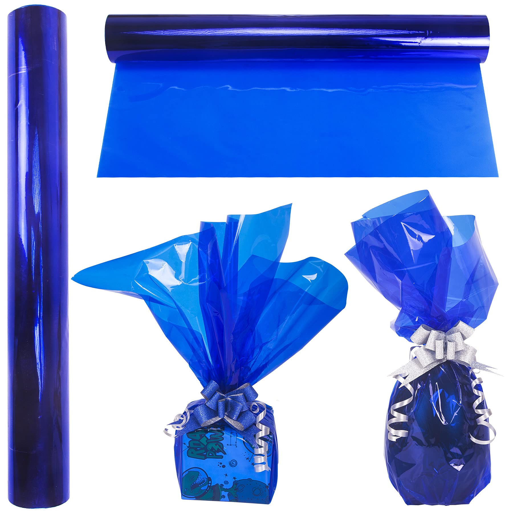 TOPTIME Cellophane Wrap Roll Royal Blue | 100’ Ft Long X 16” in. Wide | 2.3 Mil Thick Transparent Royal Blue | Gifts, Baskets, Treats Cellophane Wrapping Paper | Colorful Cello Décor, Decorations