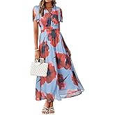 Simplee Women Floral Summer Maxi Dress Boho Flowy Casual Chiffon Short Sleeves V Neck Long Wedding Guest Dresses