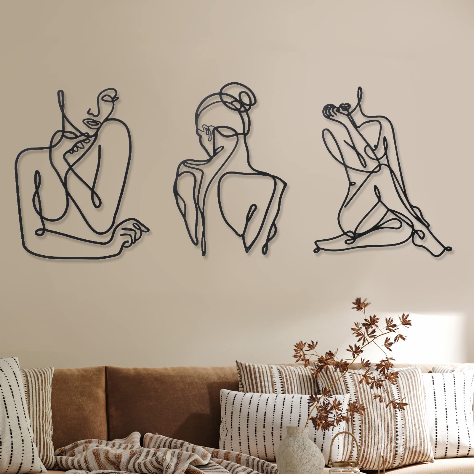 Photect 3 Pcs Metal Wall Art Decor Minimalist Abstract Woman Wall Art Metal Modern Line Drawing Decor Female Single Line Home Hanging for Bedroom Bathroom Living Room Housewarming(Modern,Black)
