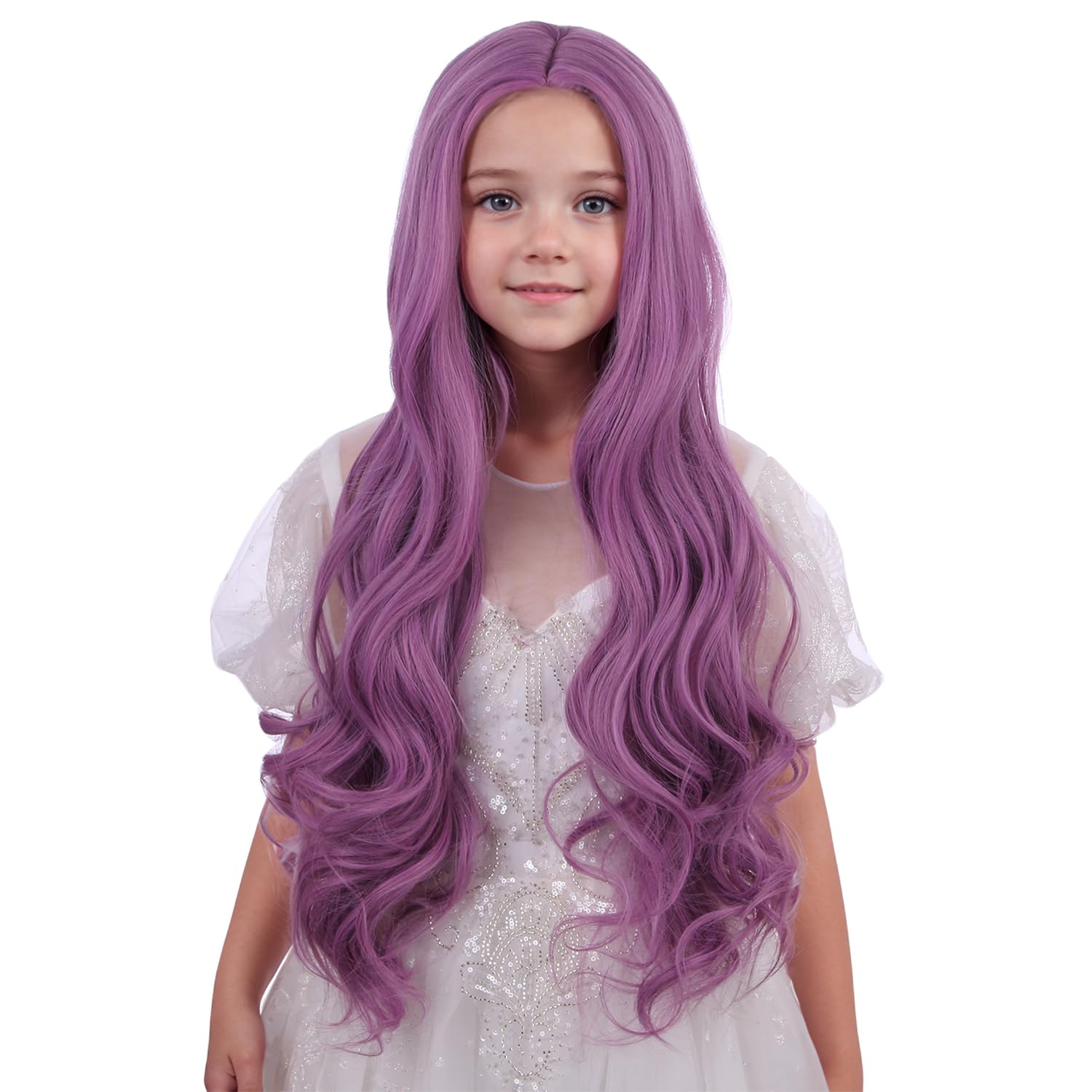 Photo 1 of WAVELNM Lavender Wig for Kids Girls Middle Part Purple Wig Long Wavy Curly Child Wigs Daily Halloween Cosplay Wigs