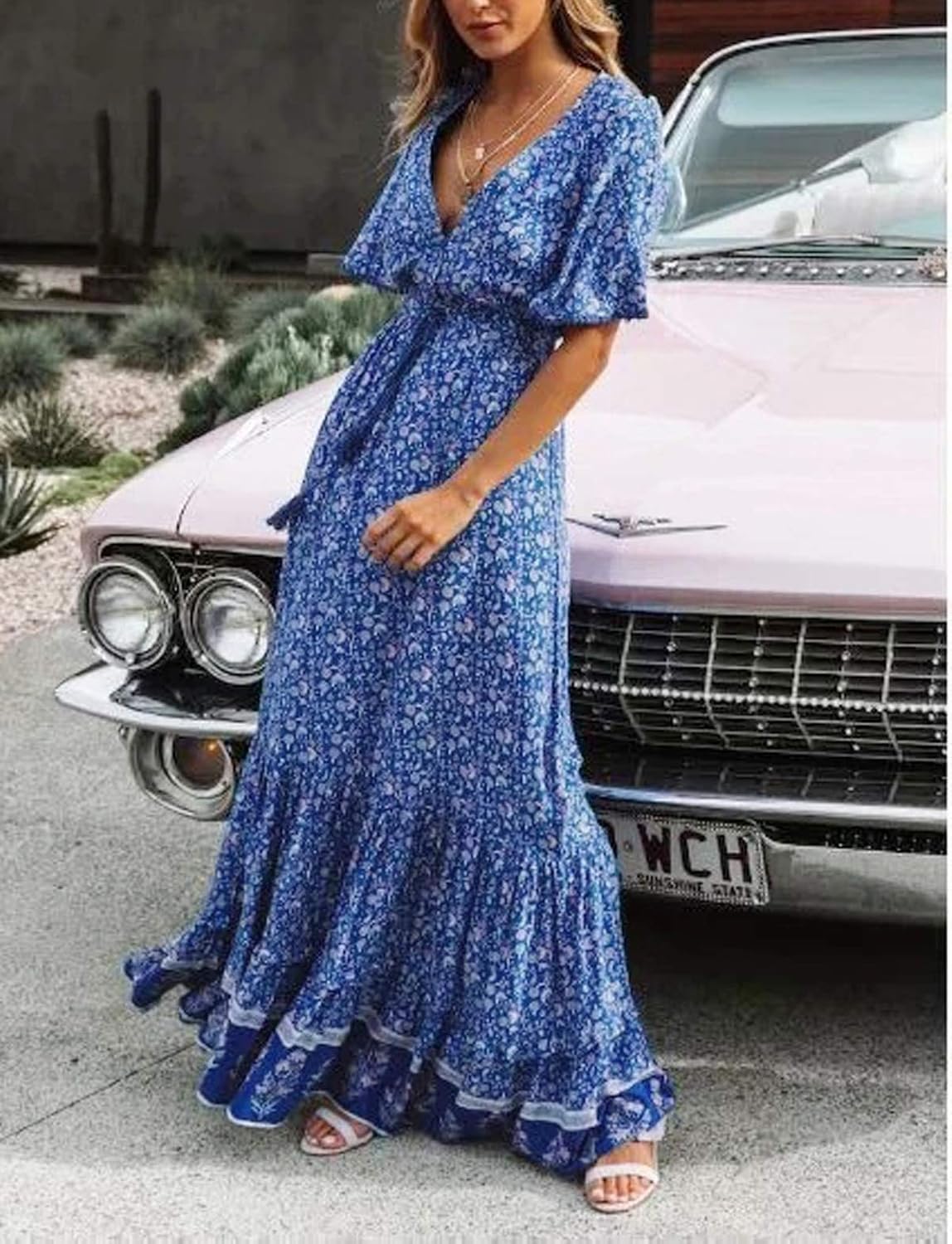 R.Vivimos Womens Summer Cotton Short Sleeve V Neck Floral Print Casual Bohemian Midi Dresses: Clothing