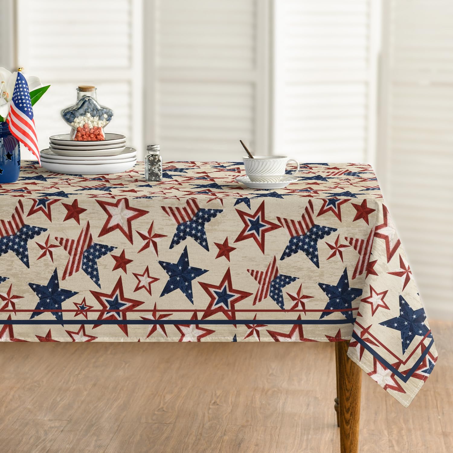 Photo 1 of Horaldaily 4th of July Rectangular Tablecloth 60×104 Inch, Patriotic Memorial Day Blue Red Star Independence Day Washable Table Cover for Party Picnic Dinner Decor