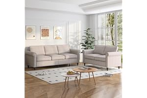 ZAFLY 2 Pieces Living Room Sofa Set, Sectional Sofa Couch and Loveseat Set, Modern Sofas Couches Furniture Sets, Gourd Shape Wood Legs & Linen Fabric & Nailhead Trim Design for Living Room - Beige