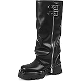 Lyrisiphy Knee High Boots for Women Foldover Wide Calf Pull on Cute Chunky Platform Riding Boots Fashion Long Tall Fall y2k Trendy Boots for Festival Concert Punk Rave