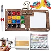 Mini Watercolor Paint Set, Travel Paint kit, Pocket Watercolor Set with24 Color Paints , Brush, Sketchbook & Copper Clip, Watercolor Travel Kit for Beginners, Artists & Painting Enthusiasts(Walnu -15 Grids)