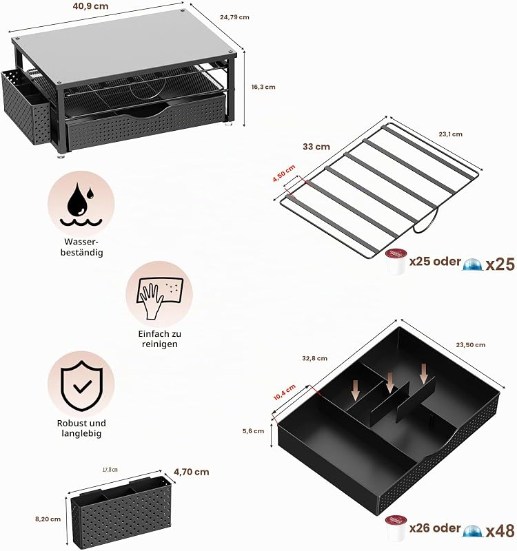 Kaffee Kapselhalter, 2-Tier K Cup Halter mit 2-stufiger Schublade und 1 Hängekorb für 51 große oder 73 kleine Kapseln, K Cup Kaffeestation, Organizer, Zubehör für Theke, Büro, Küche (Schwarz)