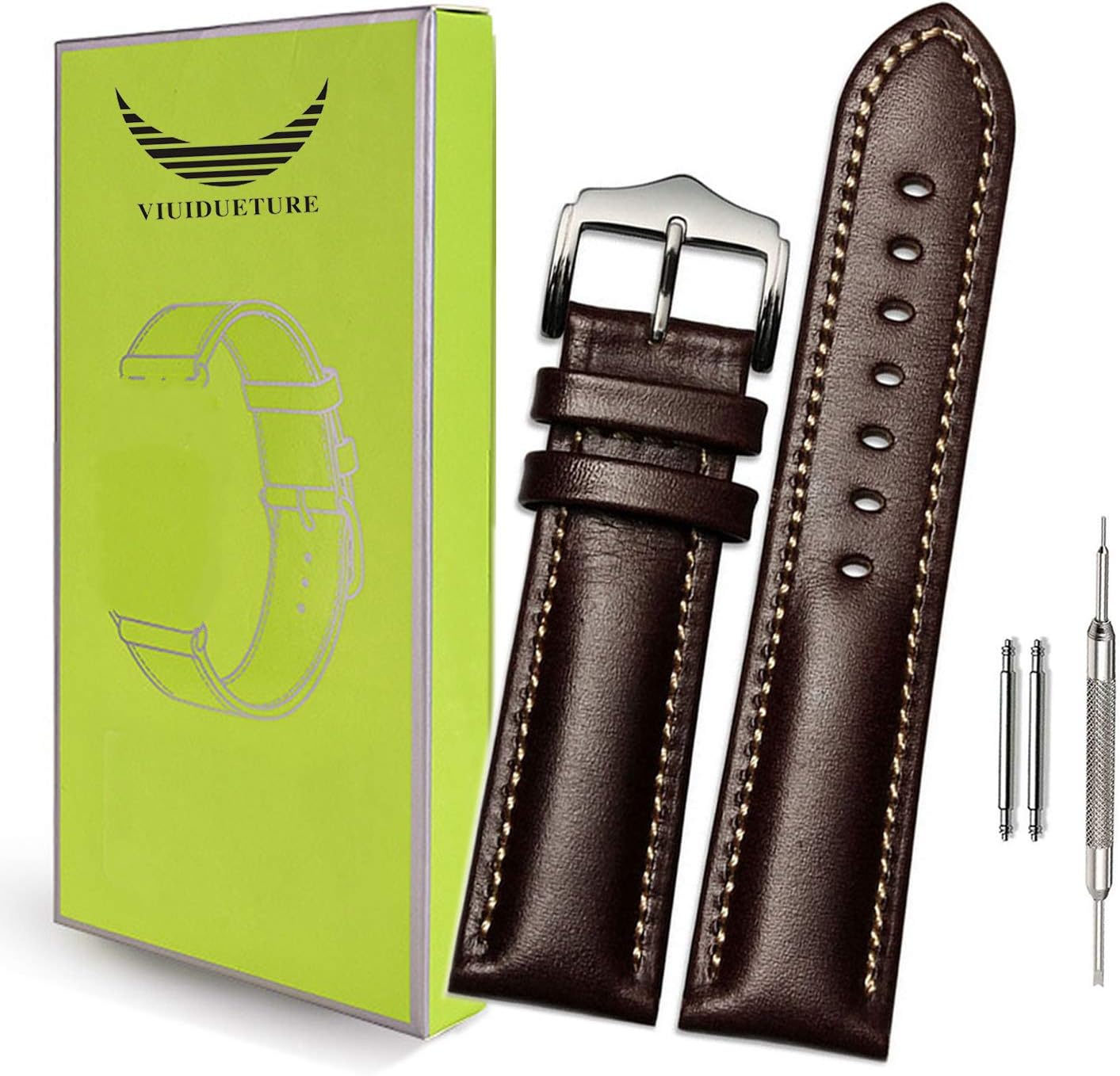 ViuiDueTure 18mm 20mm or 22mm Padded Stitched Soft Calfskin Leather Replacement Watch Band/Strap with Silver Pin Buckle