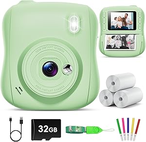 Hangrui Kinderkamera Sofortbildkamera, 14MP Sofortbildkamera Kinder mit 32G Karte & Druckpapier, 1080P Kamera Kinder Sofortdruck mit Farbige Stifte, Geschenk für 3-12 Jungen und Mädchen-Grün