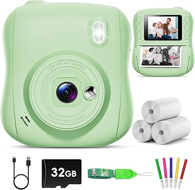 Hangrui Kinderkamera Sofortbildkamera, 14MP Sofortbildkamera Kinder mit 32G Karte & Druckpapier, 1080P Kamera Kinder Sofortdruck mit Farbige Stifte, Geschenk für 3-12 Jungen und Mädchen-Grün