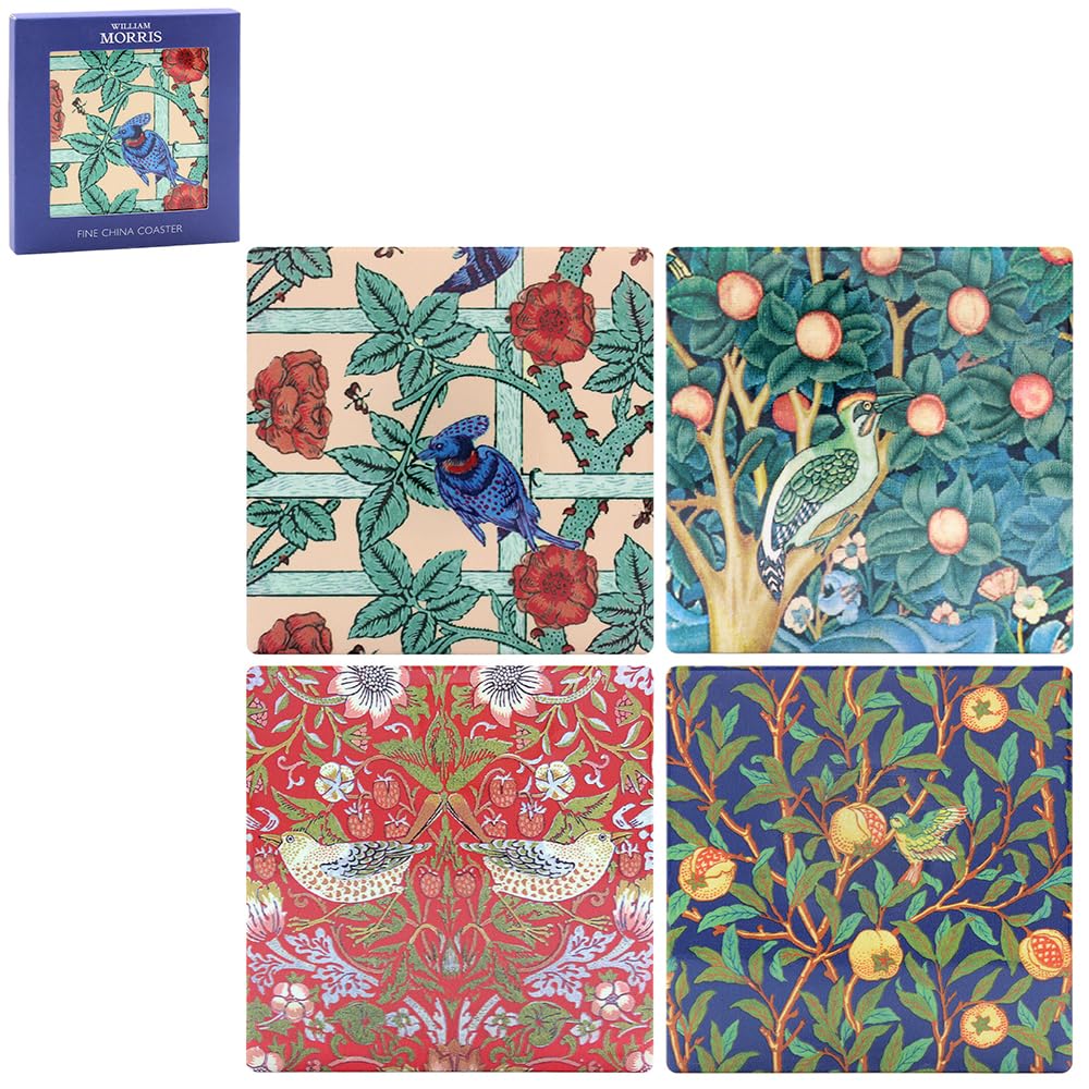 The Leonardo Collection Strawberry Thief Ceramic Coaster Set of 4 | Coasters Set For All Modern Kitchen & Offices | Designed By William Morris | Coasters For All Types of Cups & Mugs