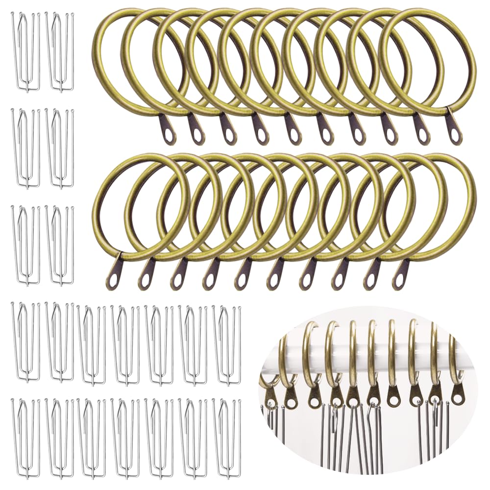 WYAN 20 Pack Metal Curtain Hooks, Drapery Curtains Hanging Rings, Shower Curtain Rings, 20 Pack Curtain Rings and Hooks for Pole Rod, 30mm Internal Diameter (Retro, Patina)