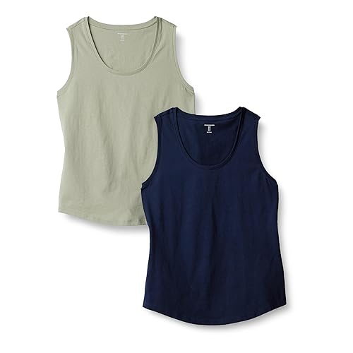 Amazon Essentials Women's Regular-Fit 100% Cotton Sleeveless Tank Top, Pack of 2, Navy/Sage Green, X-Small