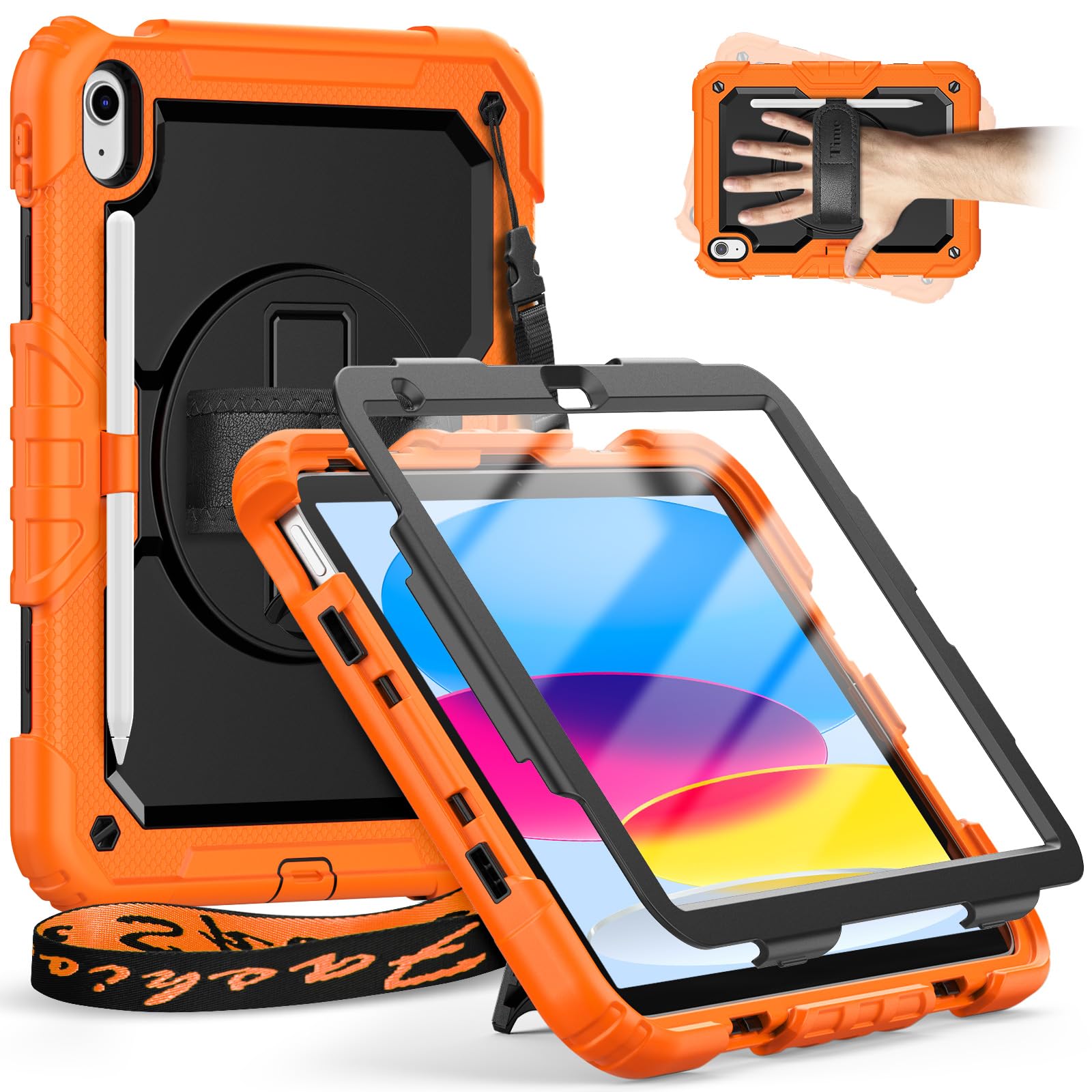Timecity For iPad (A16)11th Generation Case 11 inch 2025/iPad 10th Generation Case 10.9 inch 2022, Heavy Duty Protective Cover with Screen Protector, Rotating Stand, Shoulder Strap. Orange