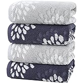 Pidada Hand Towels Set of 4 Hydrangea Floral Pattern 100% Cotton Absorbent Soft Decorative Towel for Bathroom (Light Grey & Denim Blue)