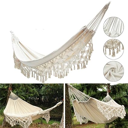 SLB Works 240x150CM Large Double Cotton Hammock Fringe Swing Beach Yard Hanging Chair Bed One Piece