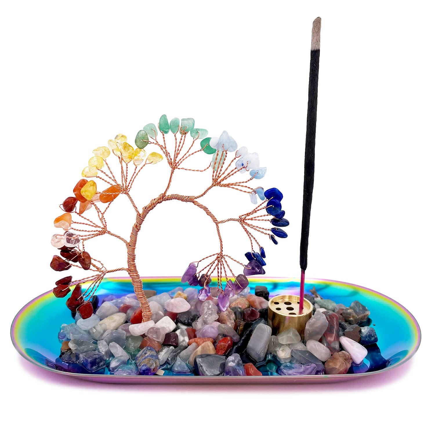 Incense Stick Holder with Crystal Tree, Brass 9 Holes Incense Holder, Colorful Stainless Steel Ash Tray for Aromatherapy, Yoga, Healing, Meditation