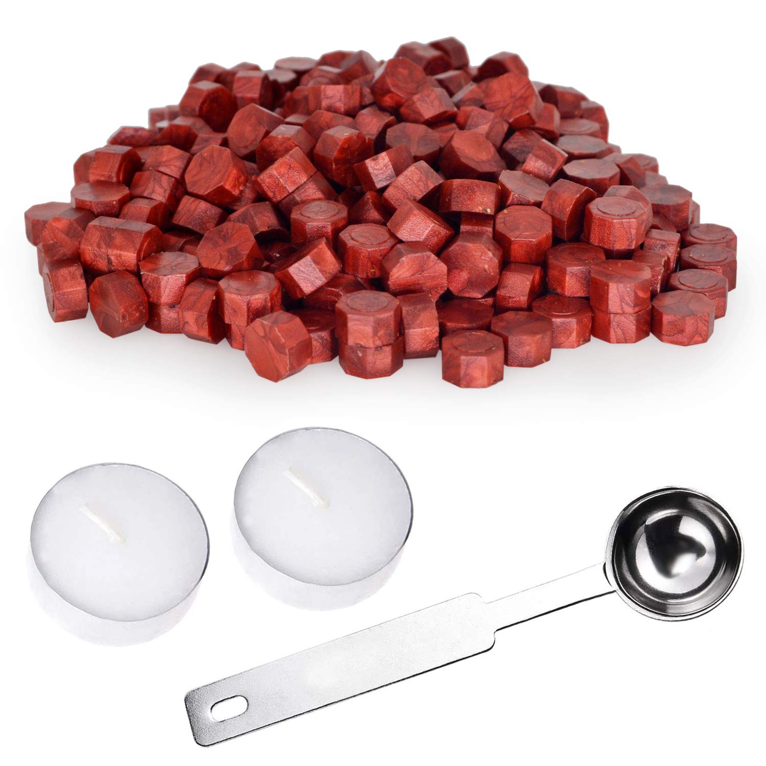 Sealing Wax Beads Set 310 Pieces Octagon Wax Seal Beads with 1PC Melting Spoon and 2Pcs Tea Candles for Wax Seal Stamp - Wine Red