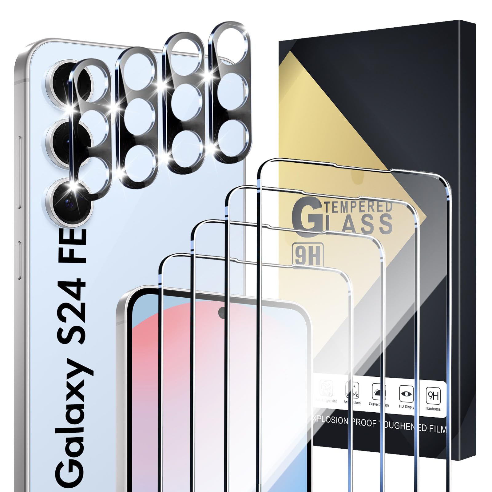 Xiezezei Screen Protector Compatible with Galaxy S24 FE 5G - [4+4 Pack] Camera Lens Protectors, Fingerprint Unlock Support, HD Tempered Glass, Touch Sensitive, Anti Scratch, Case Friendly