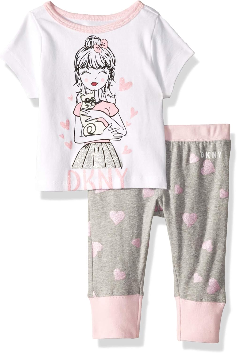 DKNY Baby Girls' Printed TShirt and Pant Sleepwear Set Pajama, White