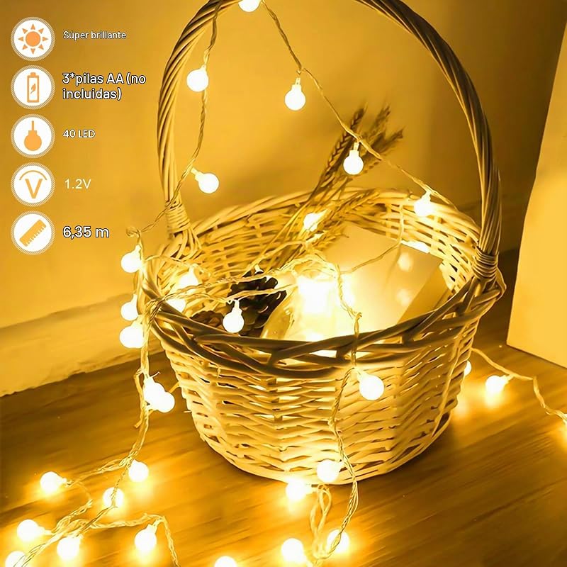 Luzes de Guirlanda, Corrente de Luzes LED 6M 40, 2 Modos: Bateria Branca Quente Carregada, Guirlandas de Luz Decorativas para exterior, interior, jardim, casa, casamento, Natal (2 modos) — foto 3 de 7