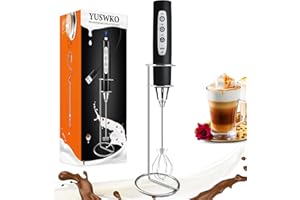 YUSWKO Black Handheld Milk Frother Wand with Stand for Coffee, Rechargeable Electric Whisk with 3 Heads 3 Speeds Drink Mixer Coffee Frother For Latte, Cappuccino, Hot Chocolate, Egg