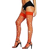 SUREPOCH Sparkly Rhinestone Fishnet Thigh High Stockings for Women Silicone Lace Top