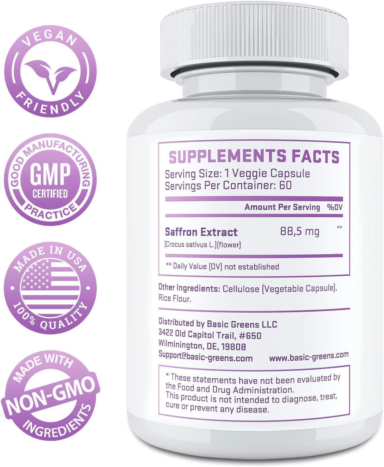 Appetite Suppressant Saffron Supplement and Weight Loss for Women - Saffron Extract Supplement 88.5mg - Appetite Control - Vegan Saffron Extract (60 Capsules) by BASIC GREENS: Health & Personal Care