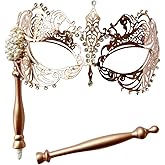 WILOVCOS Venetian Metal Masks for Womens,Masquerade Mask with Stick,Mardi Gras Cosplay Party Mask