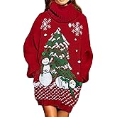 Pink Queen Ugly Christmas Sweater Dresses for Women Oversized Turtleneck Pullover Holiday Dress with Pocket