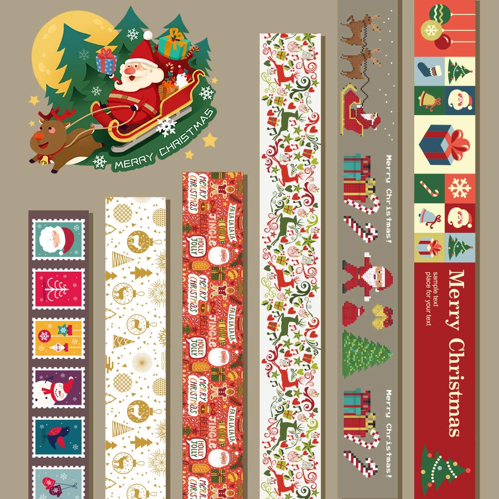 Christmas Tape 12 Rolls DIY Sticker Decorative Masking Tape Easy Tear Packaging Tape
