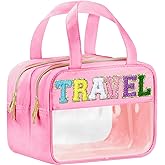 BuyCard Chenille Letter Clear Travel Bags, Makeup Bag for Travel, Preppy Patch Nylon Cosmetic Bag with Handles and Zipper, Waterproof Large Clear Travel Toiletry Bag Storage Bag for Women Pink