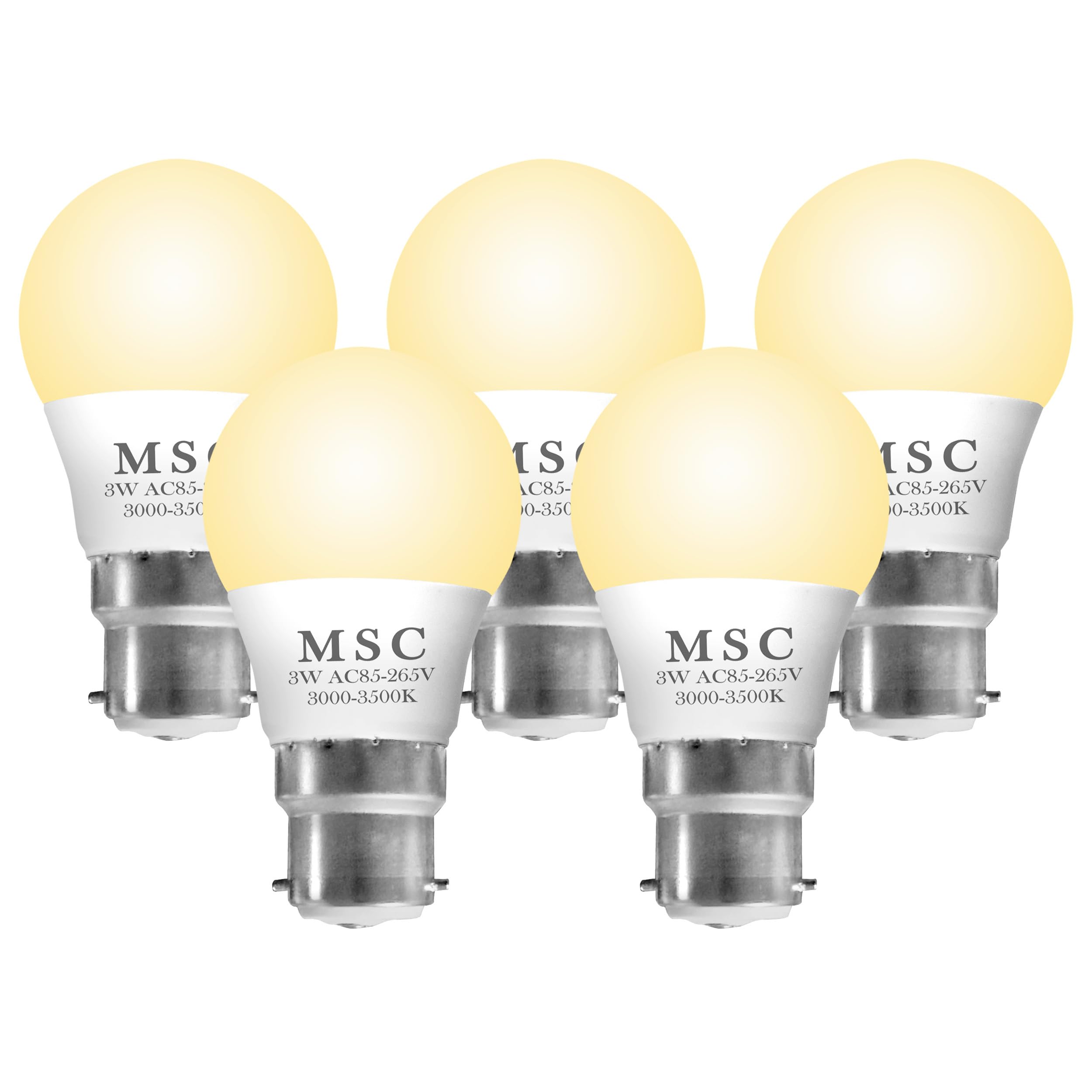 MSC 3W Bayonet LED Light Bulb B22 - Warm Light Bulb with 300 Lumens, Warm Light 3500k, 35W Incandescent Equivalent, Energy-Saving, 30,000 Hour Lifespan, and Non-Dimmable, 5 Pack