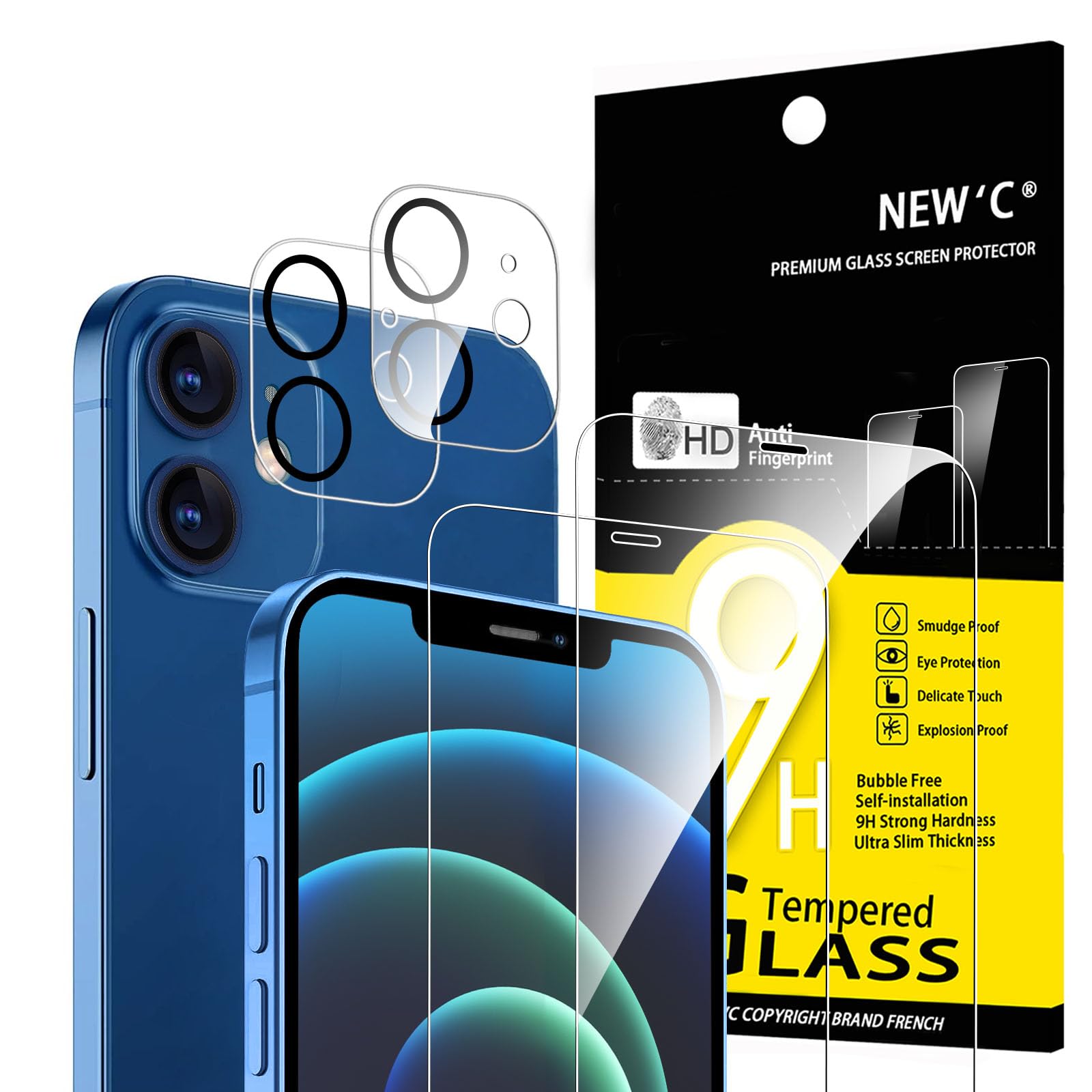 NEW'C 4 Pack, 2 Pack for iPhone 12 Screen Protector (6.1 inch) + 2 Pack Camera Lens Protector, Sensor Protection,Case Friendly Tempered Glass Film