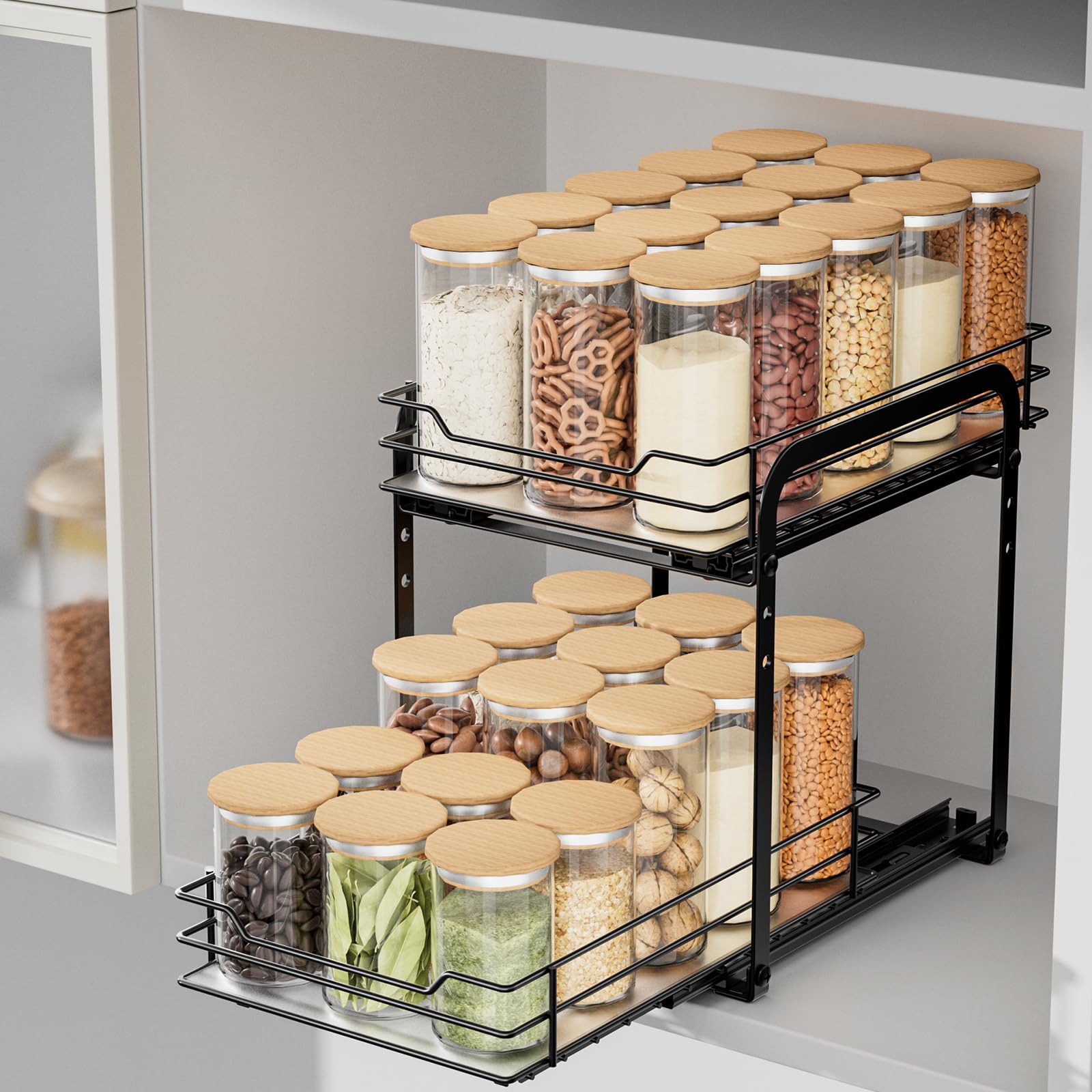AIRUJIA Pull Out Cabinet Organizer - 2-Tier Height Adjustable Metal Spice Rack, Kitchen Storage Shelf for Inside Cupboard, L10.4*W7.2*H9inch