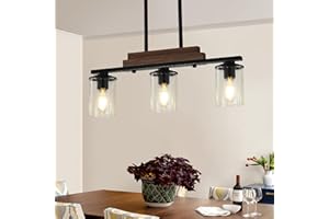 VBITMN 3-Light Kitchen Chandeliers Over Table, Farmhouse Chandeliers for Dining Room, Black Linear Chandelier with Clear Glass Shades, Modern Rustic Wood Dining Room Light Fixture, with Adjustable Height