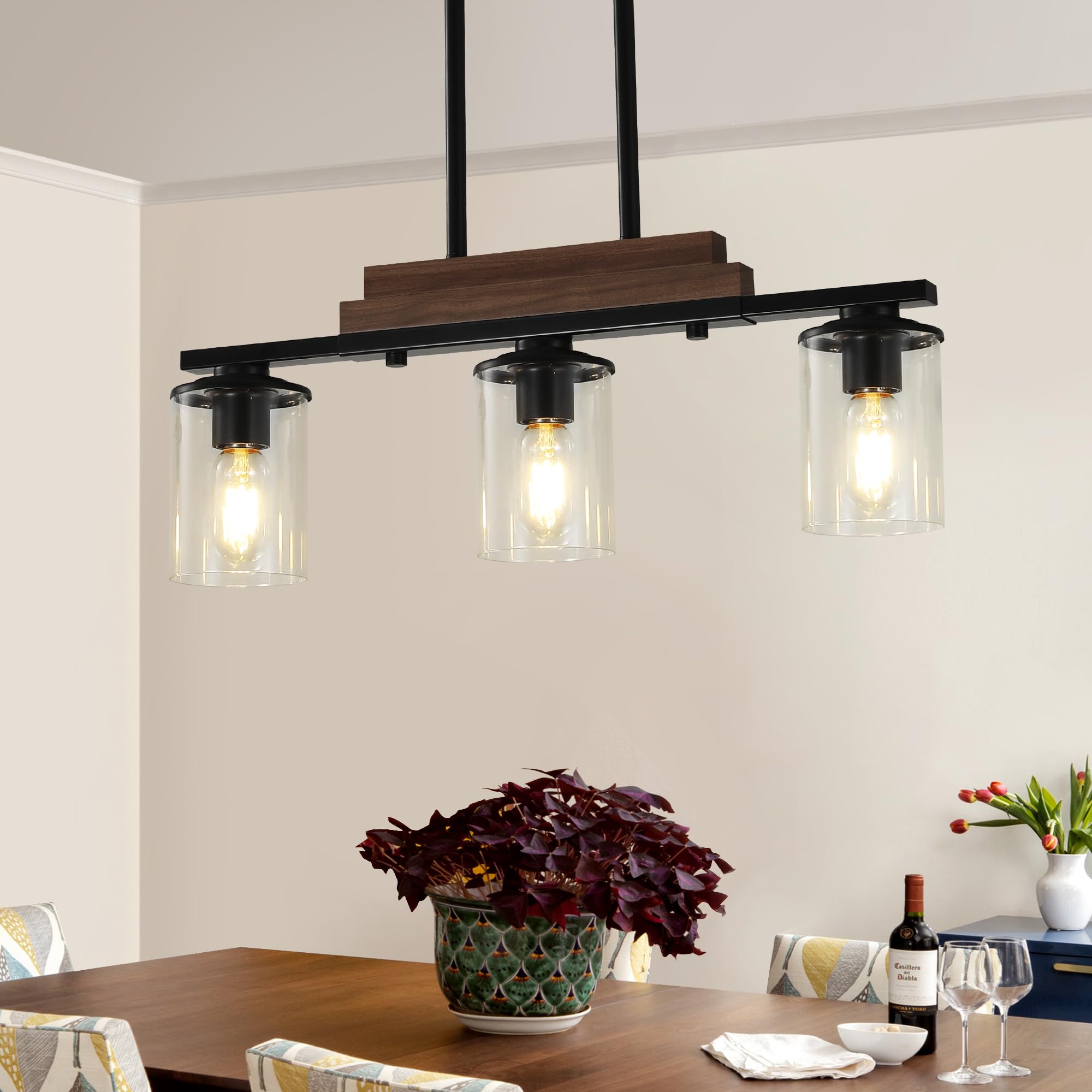 Photo 1 of 3-Light Kitchen Chandeliers Over Table, Farmhouse Chandeliers for Dining Room, Black Linear Chandelier with Clear Glass Shades, Modern Rustic Wood Dining Room Light Fixture, with Adjustable Height