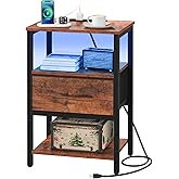 Yoobure End Table with Storage, LED Nightstand with Charging Station, Side Tables Living Room, 3-Tier Wood Bedside Table with