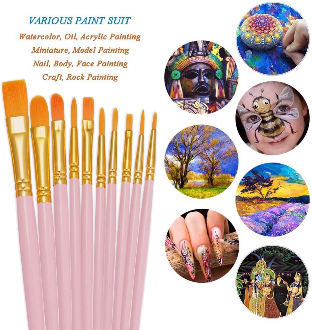 BOSOBO Paint Brushes Set, 2 Pack 20 Pcs Round Pointed Tip Paintbrushes Nylon Hair Artist Acrylic Paint Brushes for Acrylic Oil Watercolor, Face Nail Art, Miniature Detailing & Rock Painting, Pink