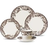 Spode Delamere 5-Piece Place Setting &ndash; Rich Brown British Flowers Border, Includes Dinner, Salad, Bread Plates with Teacup &amp; Saucer &ndash; Fine Earthenware, Dishwasher, Microwave, Oven &amp; Freezer Safe