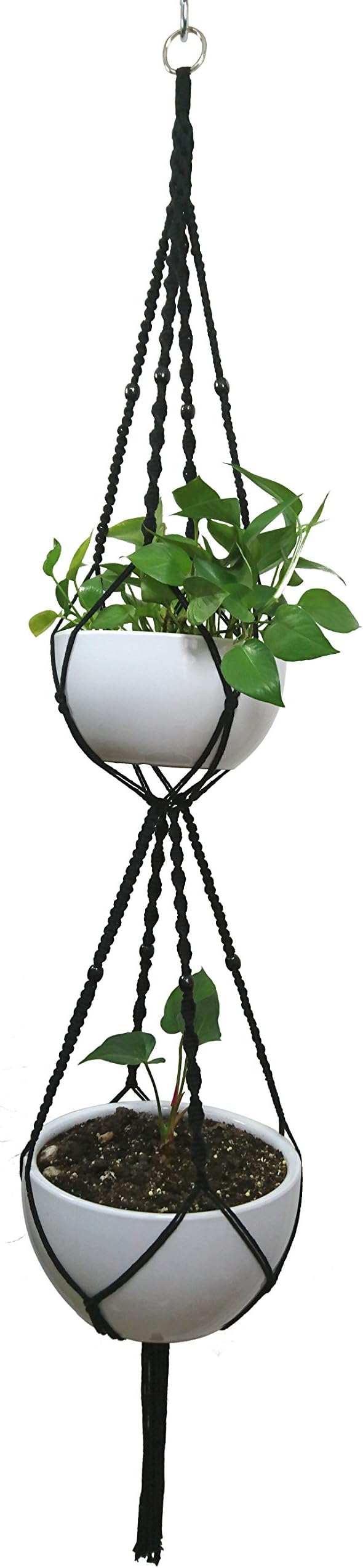 MCHANG Macrame Plant Hanger & Holder, Hanging Planter 4 Legs Double Deck For 8 inch to 10 inch Two Pots Indoor Outdoor Hanging Planter Hemp Rope 67 Inch with Metal ring (Cotton-Black)