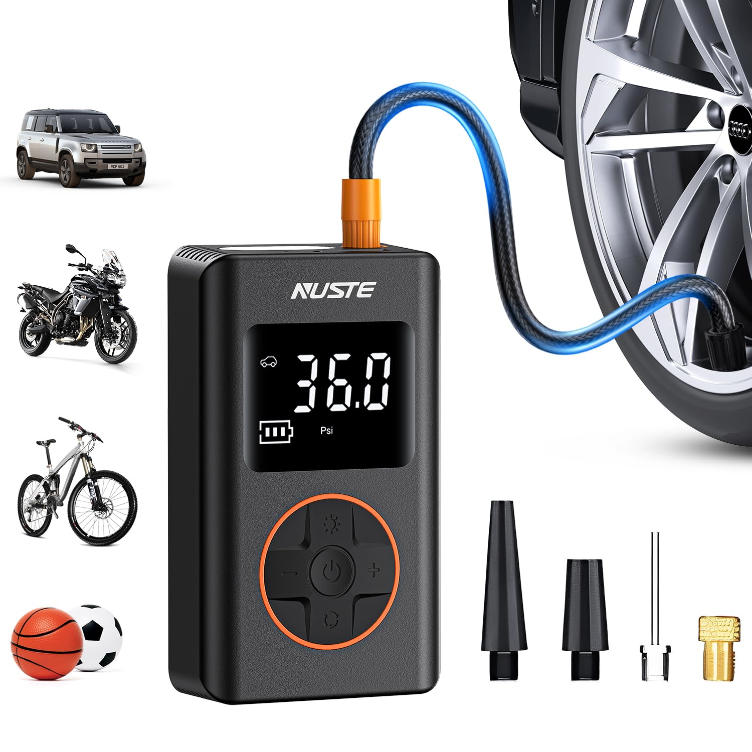 Photo 1 of NUSTE Tire Inflator Portable Air Compressor - 150 PSI Cordless Mini Bike Tire Pump, Air Pump for Car Motorcycle Bicycle Tires, Balls, with Pressure Gauge, LED Light