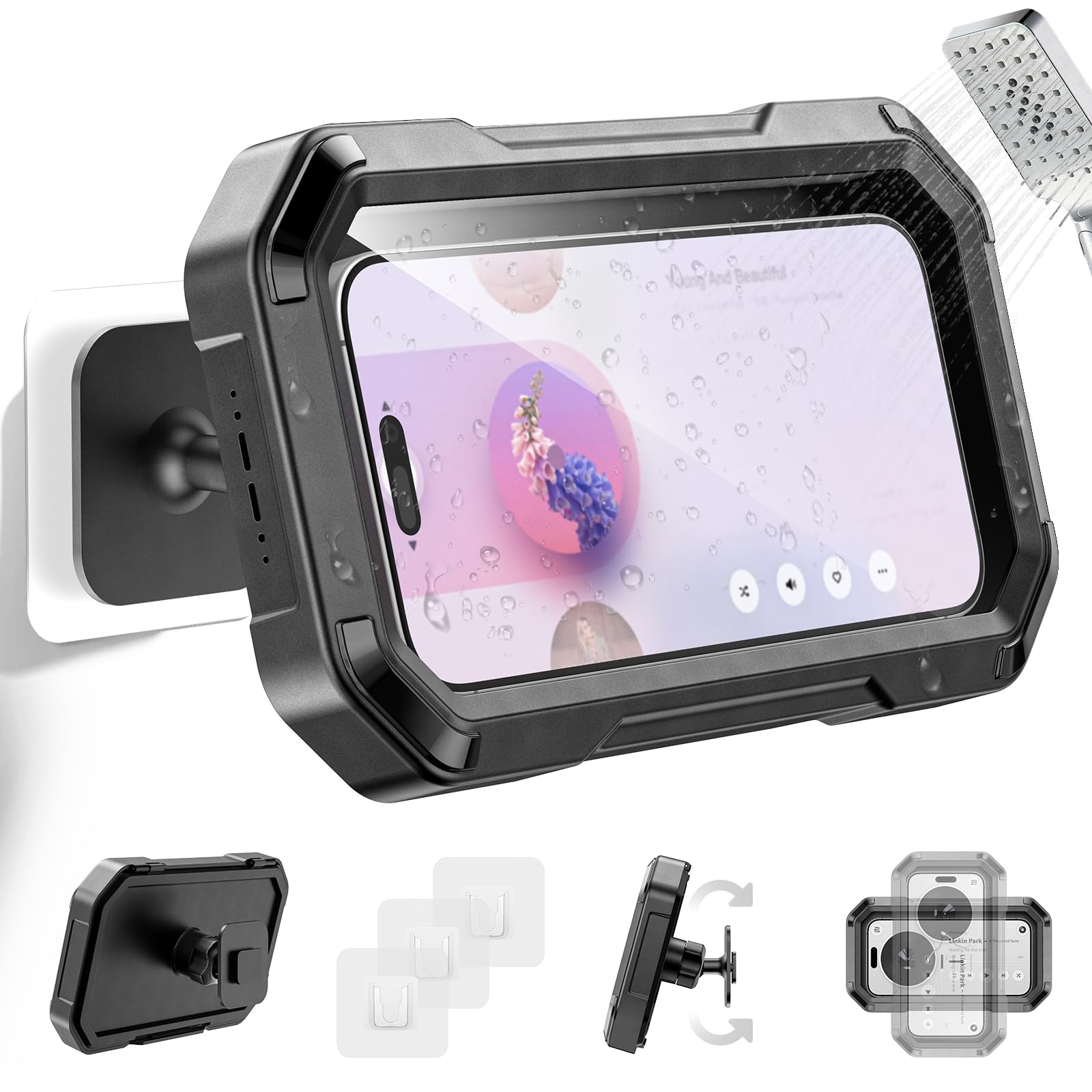 Photo 1 of KDD Shower Phone Holder Waterproof - 360° Rotation Detachable Phone Case, Fully Enclosed High Touch Sensitive Design Wall Phone Mount Stand, Bathroom Mirror Bathtub Accessories for 4-6.7” Cellphones