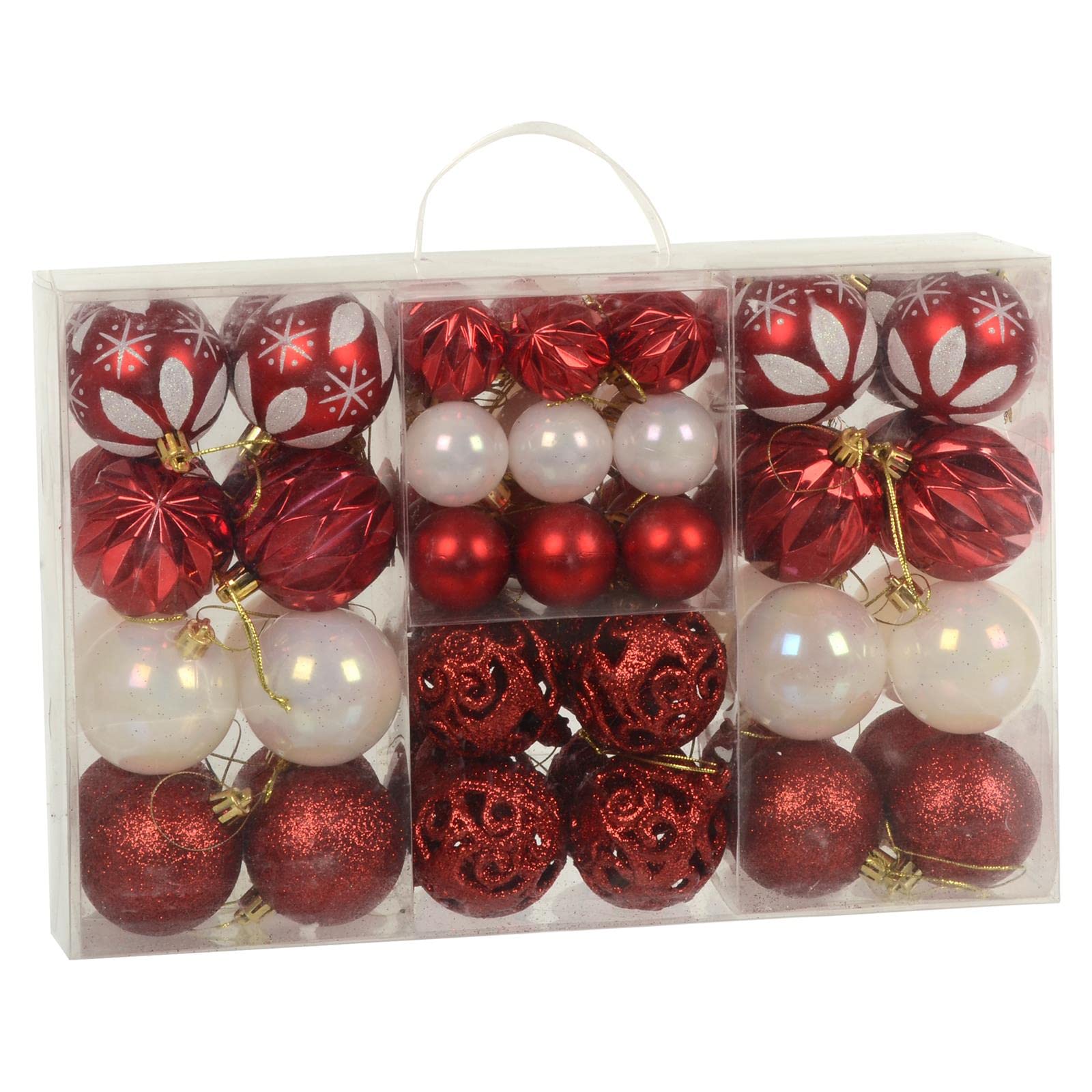 Set of 67 Christmas Baubles Tree Decorations Assorted Designs Sizes Carry Case - Red